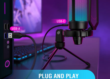 Gaming Microphone, USB PC Mic for Podcasts Videos, Streaming, Condenser Mic with Quick Mute, Tripod Stand, Pop Filter, RGB Indicator, Shock Mount, Rotate gain button, Compatible with PS4/5/PC
