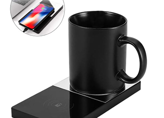 2 In 1 Heating Mug Cup Warmer and Wireless Charger, Electric Beverage Warmer for Home Office, Ideal for Coffee and Milk, 55°C Constant Temperature, Fast Wireless Phone Charging
