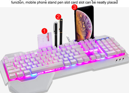 Ergonomic Wired Gaming Keyboard with RGB Backlight and Phone Holder - Ultimate Gaming Experience - Waterproof - Plug and Play - Compatible with Windows and Android