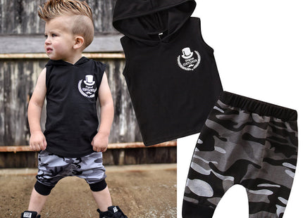 2PCS Toddler Kids Baby Boy Sleeveless Hooded Clothes T-shirt Tops Camo Pants Outfits