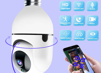 Light Bulb Security Camera, Wireless 360 Degree Panoramic Intelligent 1080P HD Night Home Surveillance Camera for E27 Lampholder, Motion Detection, Two Way Voice Intercom