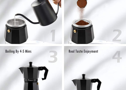 Stovetop Espresso Maker Espresso Cup Moka Pot Classic Cafe Maker Percolator Coffee Maker Italian Espresso for Gas or Electric Aluminum Black Gift package with 2 cups Amazon Platform Banned