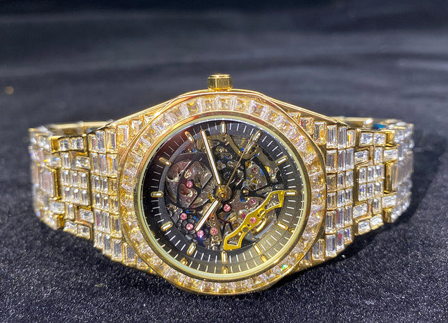 Hip Hop Full Square Diamond Luminous Hollow Mechanical Watch