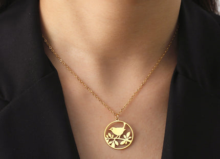 Simple Hollow Round Brand Branch Bird Pendant Stainless Steel Necklace