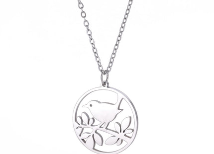Simple Hollow Round Brand Branch Bird Pendant Stainless Steel Necklace