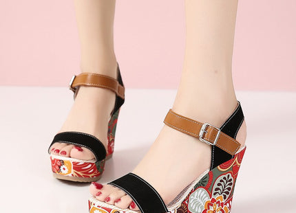 Fashion Flowers Embroidered High Wedge Sandals For Women Summer Toe Platform Buckle Shoes