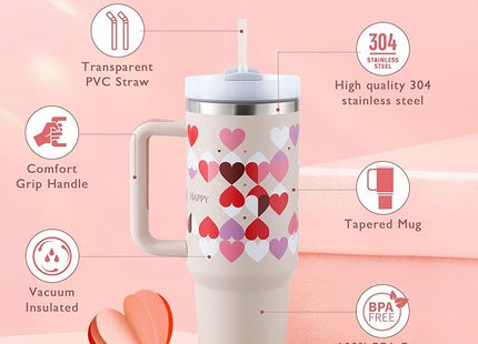 Ochapa 40 Oz Tumbler With Handle Straw Insulated, Stainless Steel Spill Proof Vacuum Coffee Cup Tumbler With Lid Tapered Mug Gifts For Valentine Lover Suitable For Car Gym Office Travel